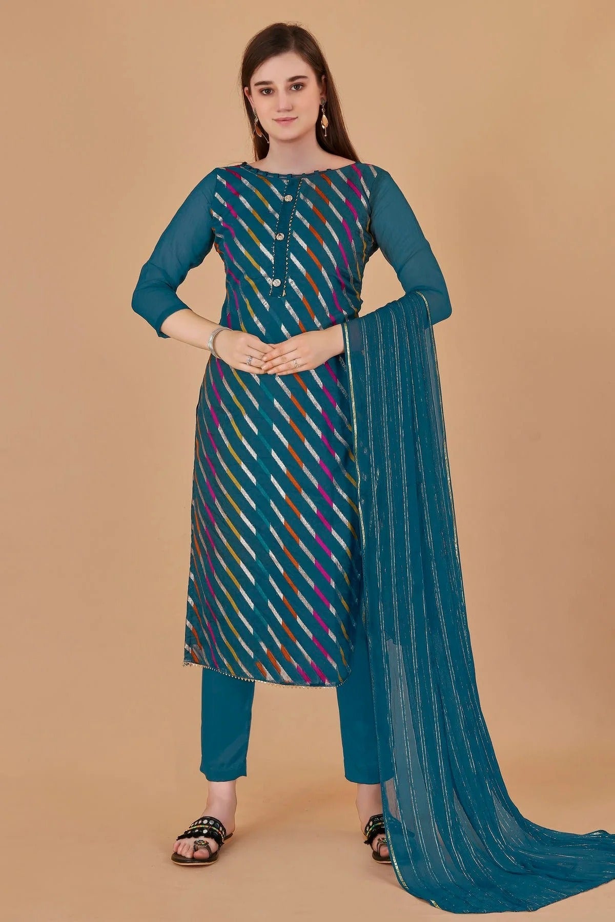 Teal Blue Colour Unstitched Organza Jacquard Fabric Straight Suit US1161028