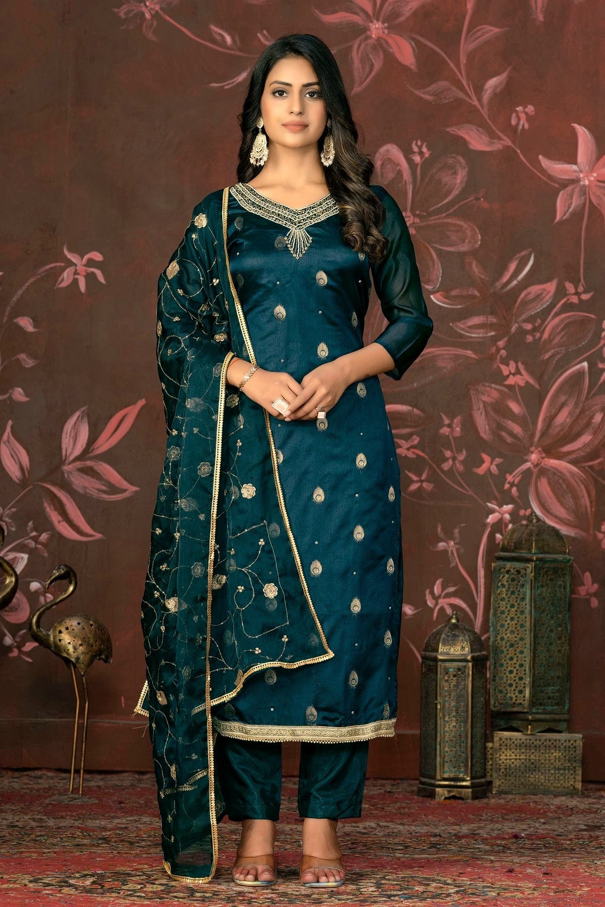 Teal Blue Colour Unstitched Organza Jacquard Straight Suit US1161302