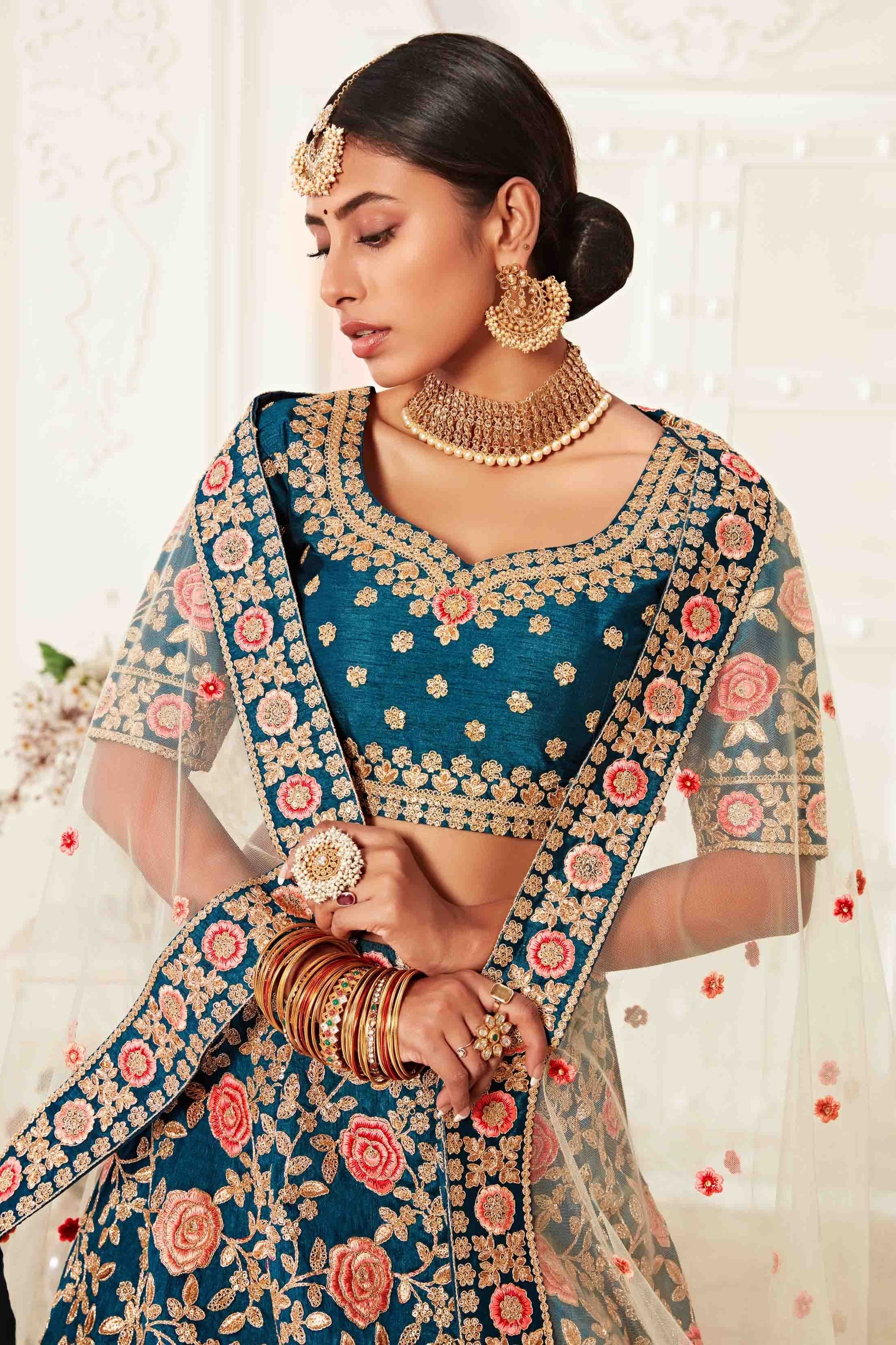 Teal Blue Silk Designer Lehenga Choli LC1010148 B