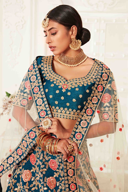 Teal Blue Silk Designer Lehenga Choli LC1010148 B