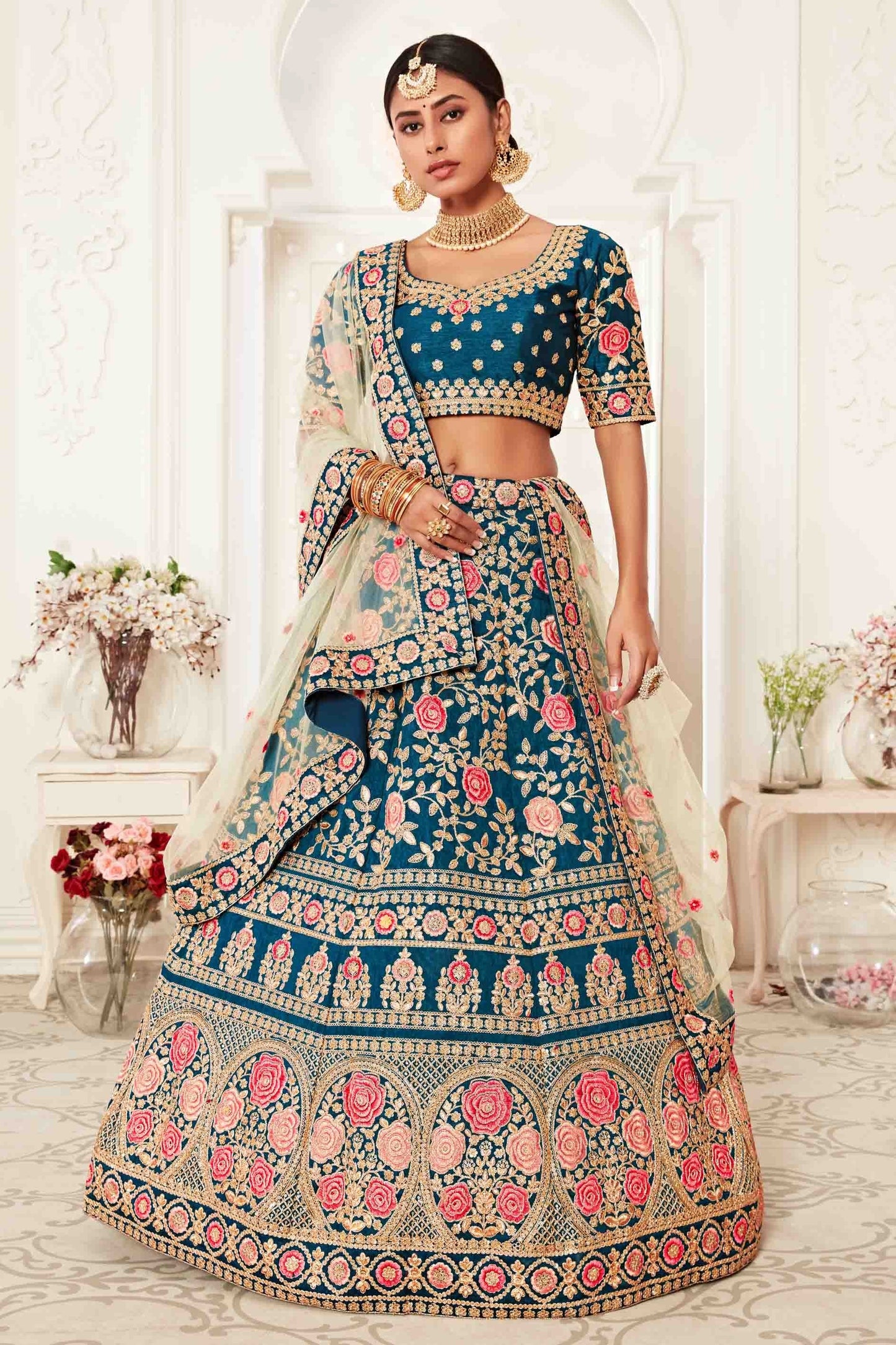 Teal Blue Silk Designer Lehenga Choli LC1010148