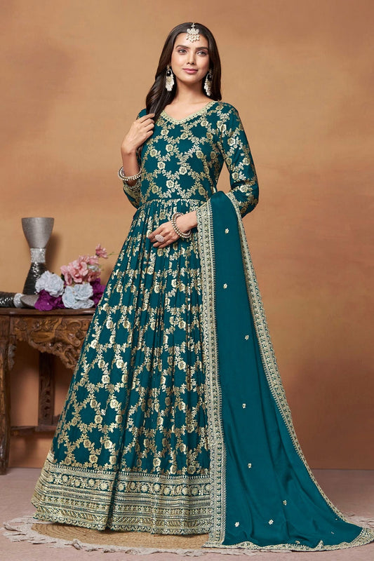 Teal Colour Anarkali Suit Dola Jacquard Semi Stitched SM1050542