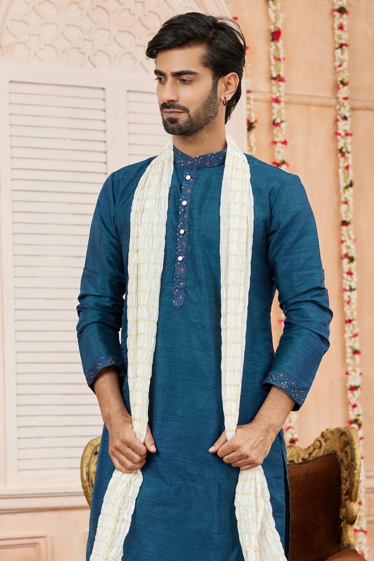 Teal Colour Art Banarasi Silk Kurta Pajama With Stole KP1230252 B