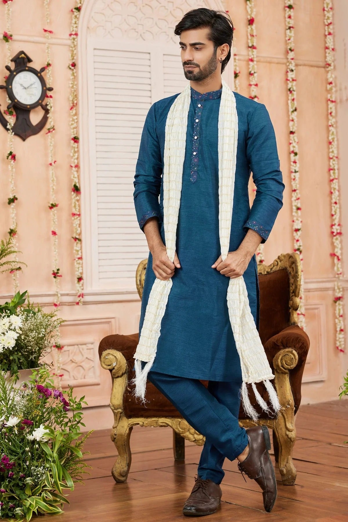 Teal Colour Art Banarasi Silk Kurta Pajama With Stole KP1230252