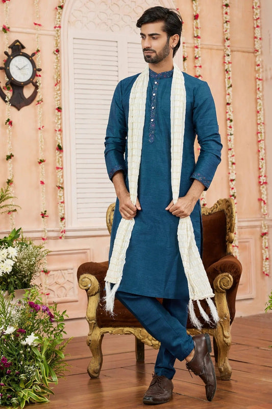 Teal Colour Art Banarasi Silk Kurta Pajama With Stole KP1230252