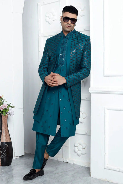 Teal Colour Art Silk Indowestern Sherwani With Aligadhi Pant SH1230015 A