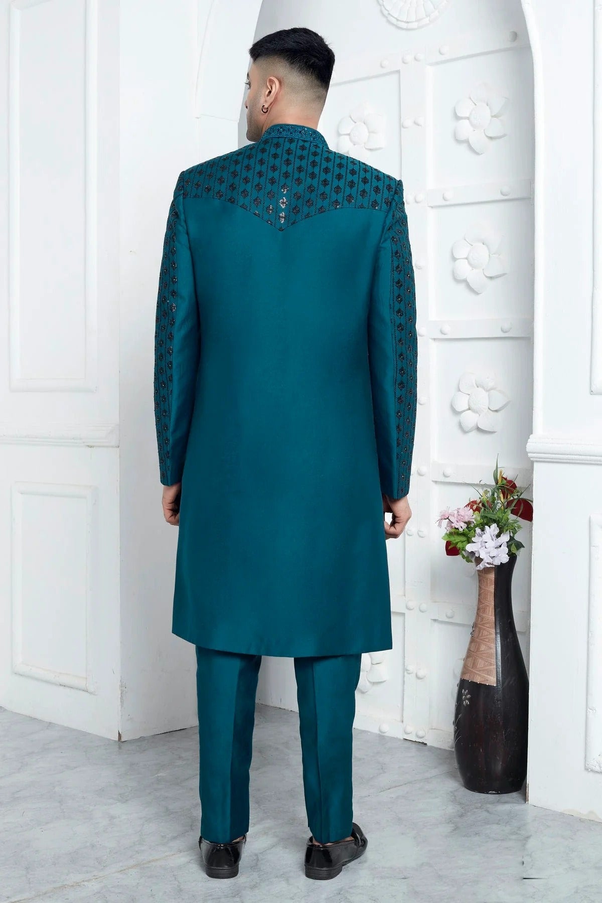 Teal Colour Art Silk Indowestern Sherwani With Aligadhi Pant SH1230015 B