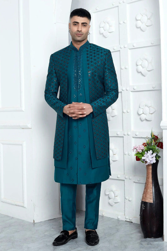 Teal Colour Art Silk Indowestern Sherwani With Aligadhi Pant SH1230015