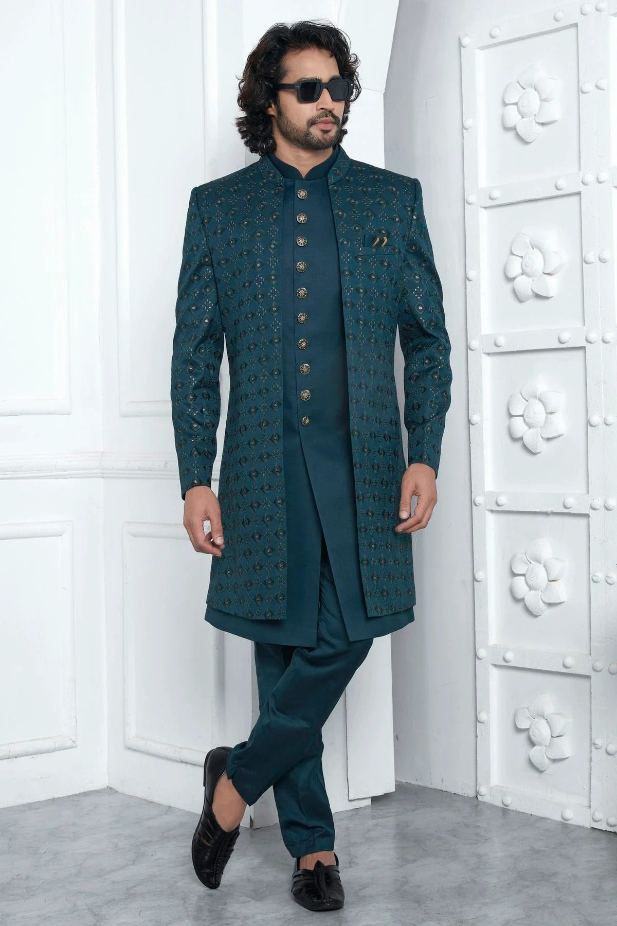 Teal Colour Art Silk Indowestern Sherwani With Aligadhi Pant SH1230020 A