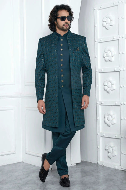 Teal Colour Art Silk Indowestern Sherwani With Aligadhi Pant SH1230020 A