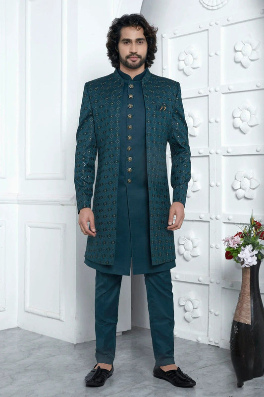 Teal Colour Art Silk Indowestern Sherwani With Aligadhi Pant SH1230020