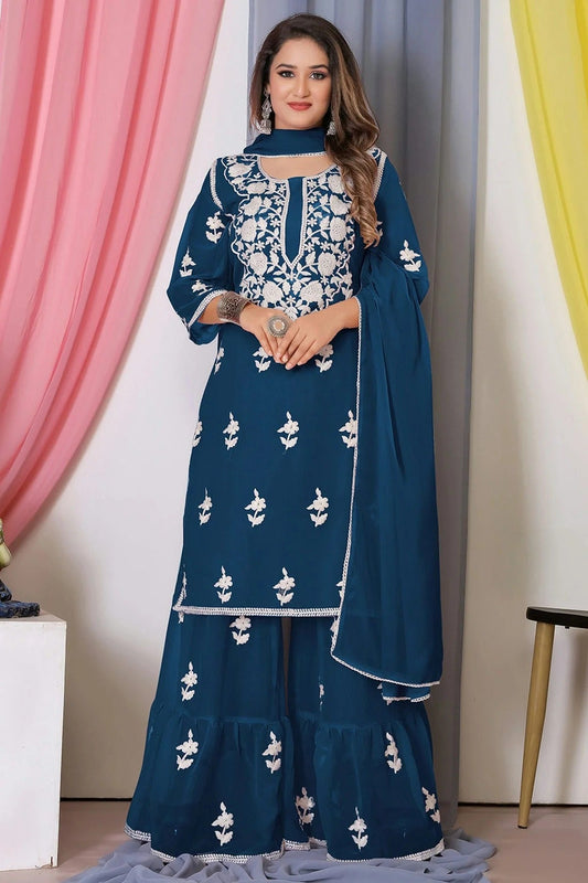 Teal Colour Bamber Georgette Sharara Suit SM1110574