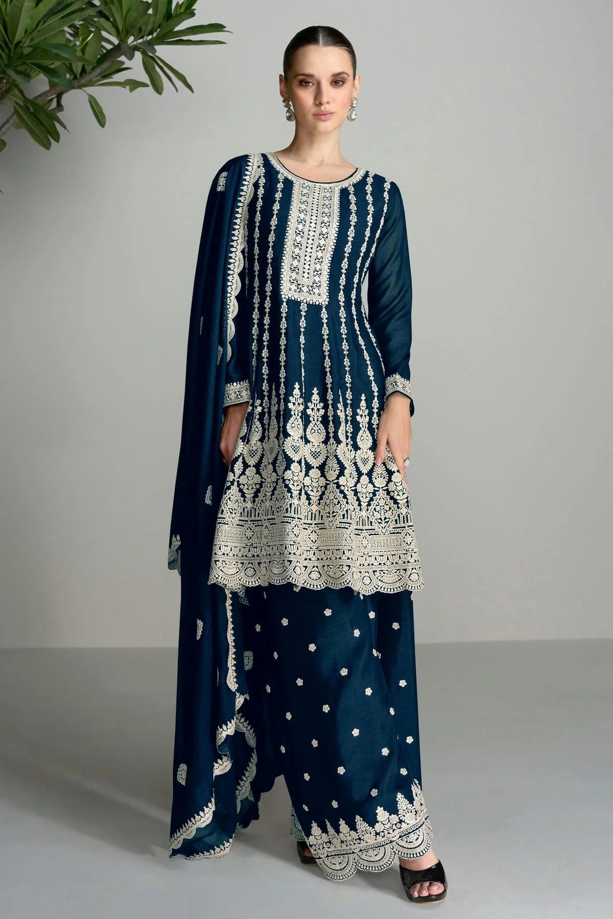 Teal Colour Blomming Chinon Palazzo Pant Suit SM1140065