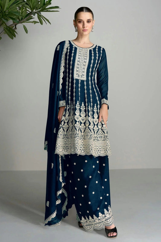 Teal Colour Blomming Chinon Palazzo Pant Suit SM1140065