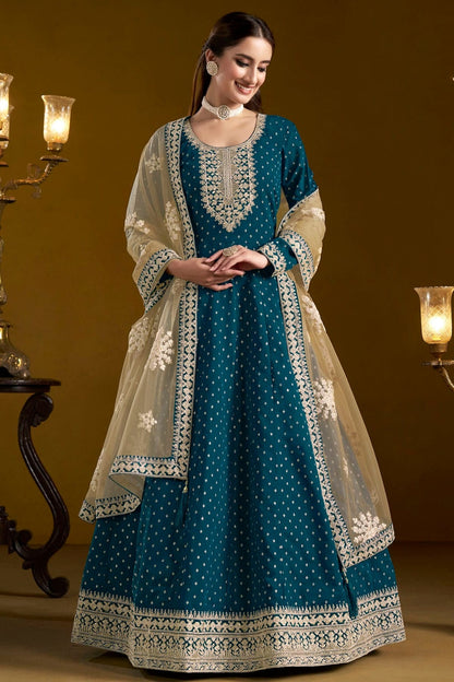 Teal Colour Chanderi Butti Semi Stitched Anarkali Suit SM1050651 A