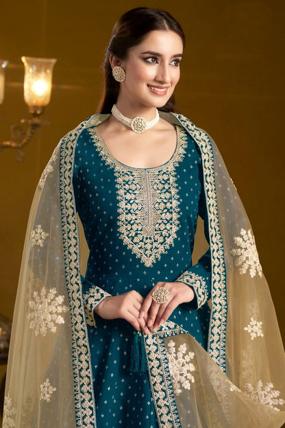 Teal Colour Chanderi Butti Semi Stitched Anarkali Suit SM1050651 B