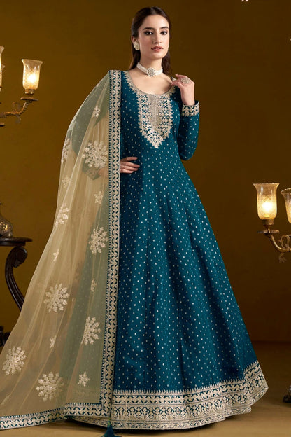 Teal Colour Chanderi Butti Semi Stitched Anarkali Suit SM1050651