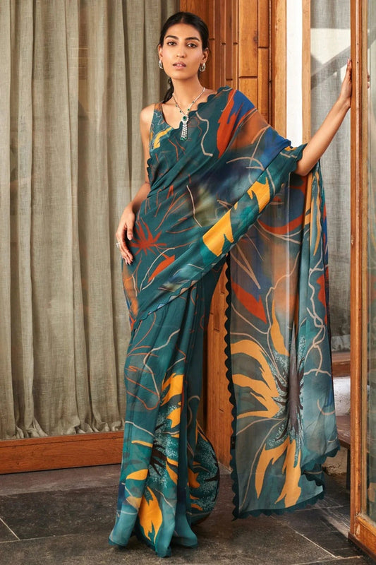 Teal Colour Chiffon Printed Saree SD1180040
