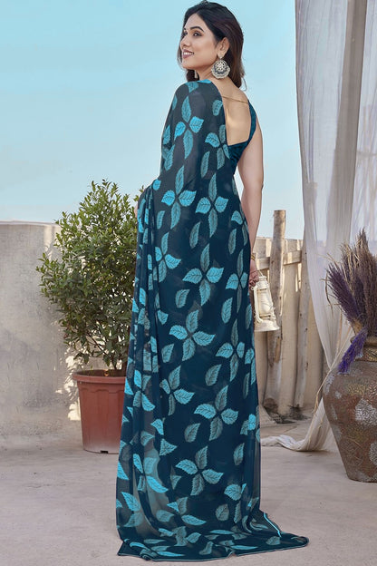 Teal Colour Chiffon Printed Saree