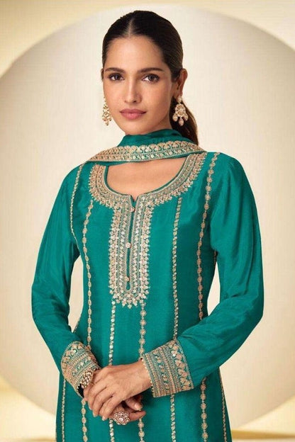 Teal Colour Chinon Embroidery Work Palazzo Pant Suit