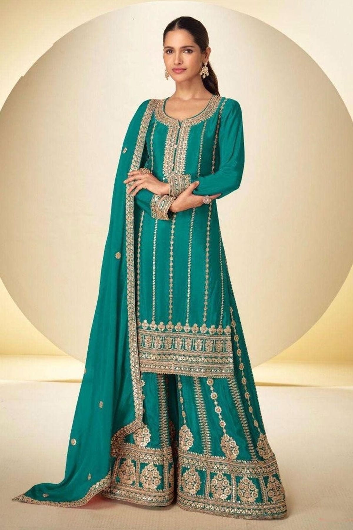 Teal Colour Chinon Embroidery Work Palazzo Pant Suit