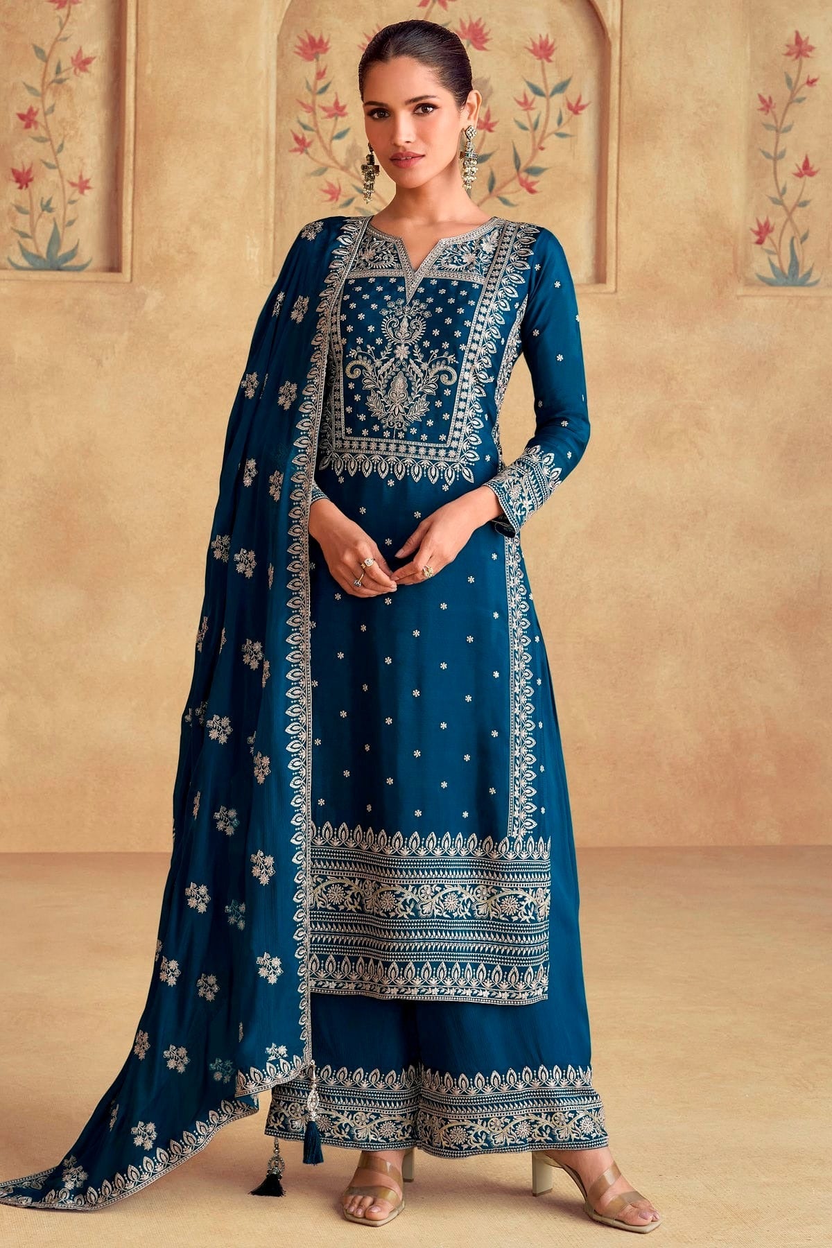 Teal Colour Chinon Pakistani Suit SM1140611