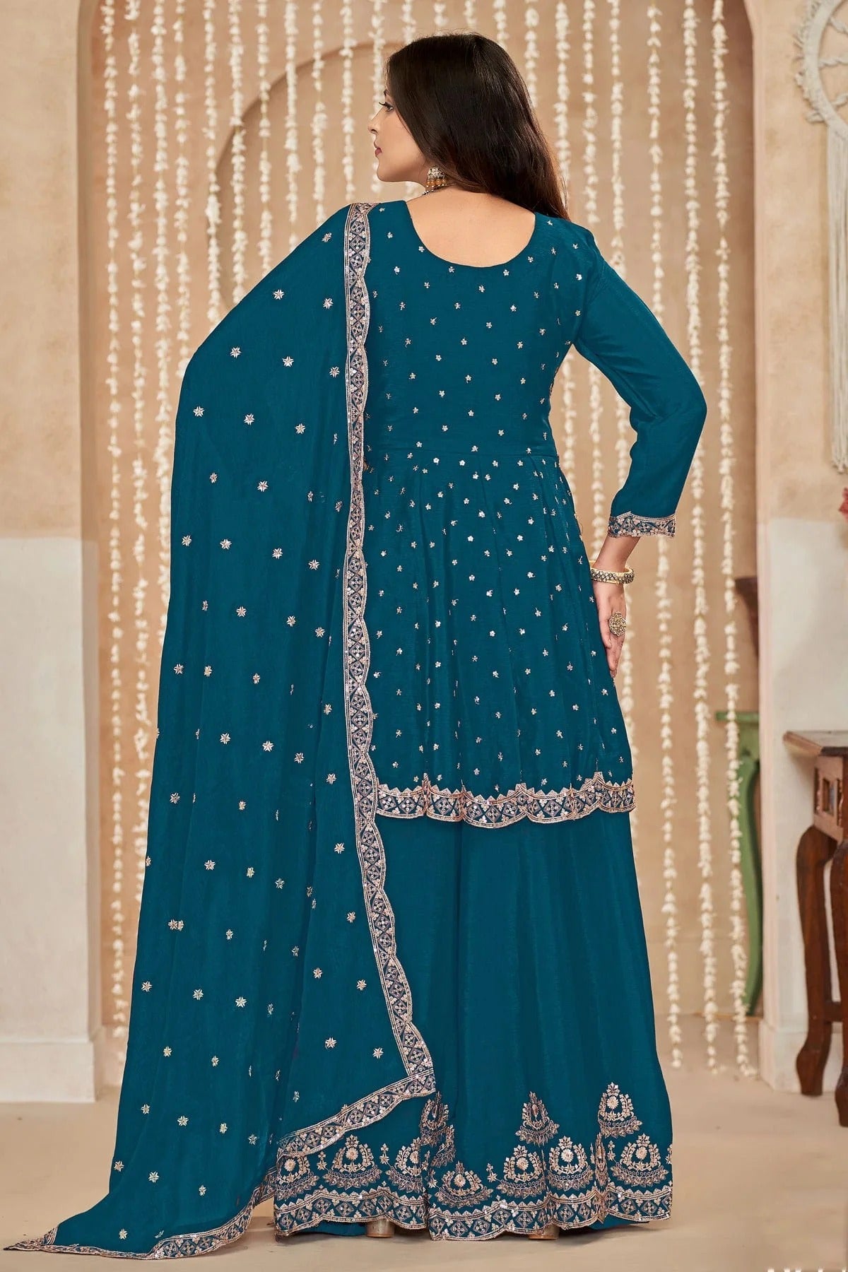 Teal Colour Chinon Palazzo Pant Suit SM1050586 A