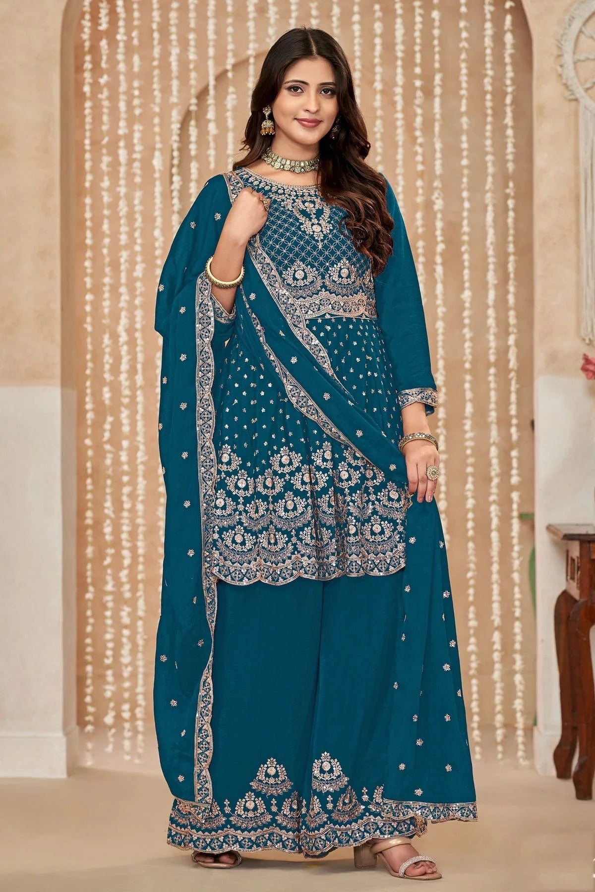 Teal Colour Chinon Palazzo Pant Suit SM1050586