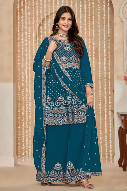 Teal Colour Chinon Palazzo Pant Suit SM1050586