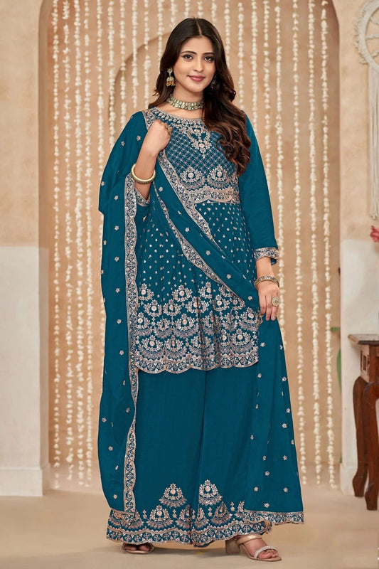 Teal Colour Chinon Palazzo Pant Suit SM1050586