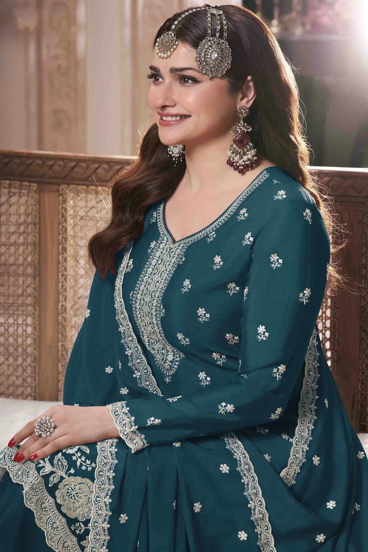 Teal Colour Chinon Palazzo Pant Suit SM1140917 A