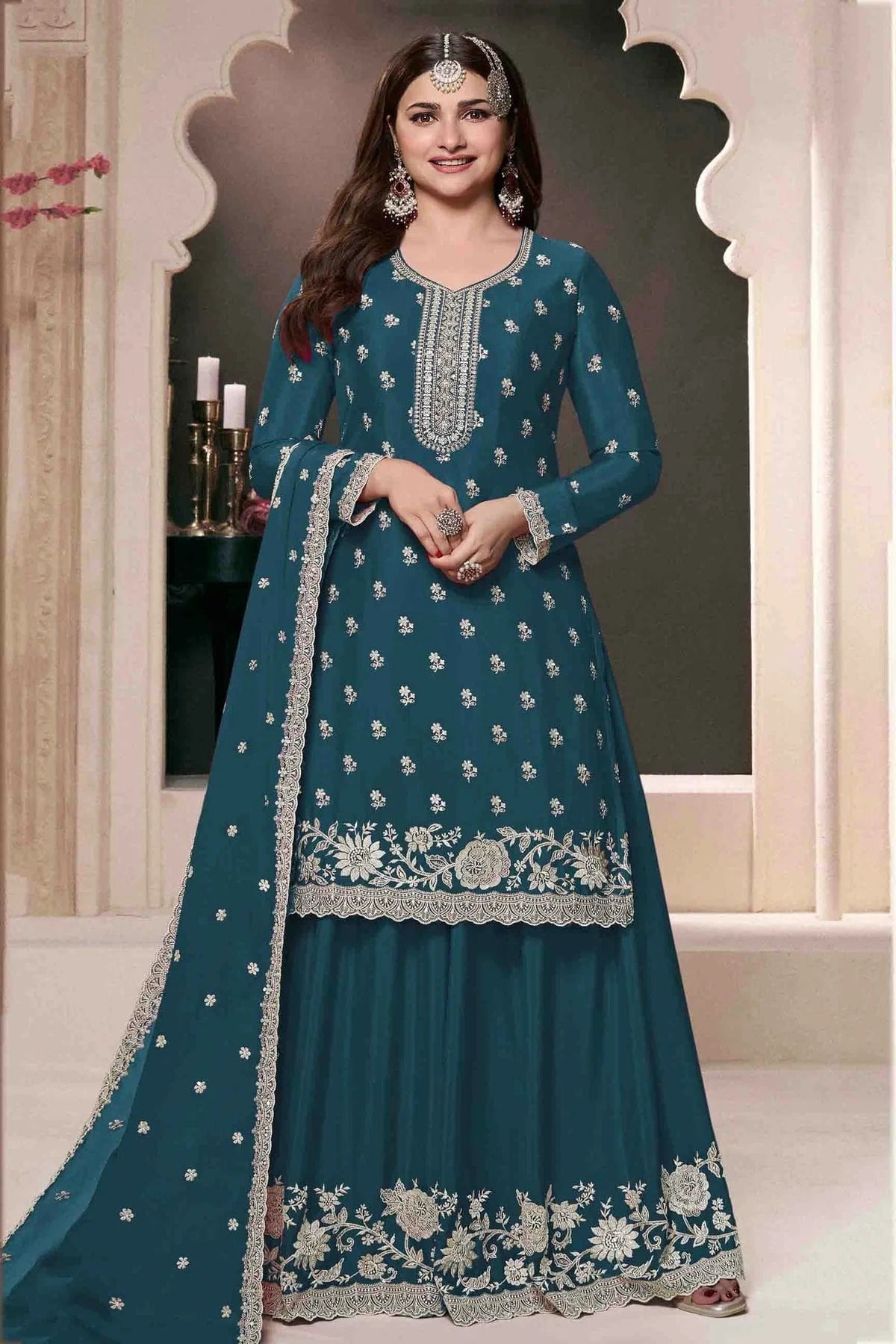 Teal Colour Chinon Palazzo Pant Suit SM1140917