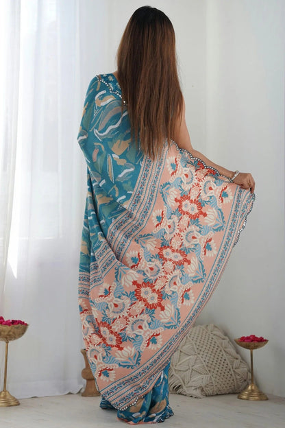 Teal Colour Chinon Printed Saree SD1112076 A