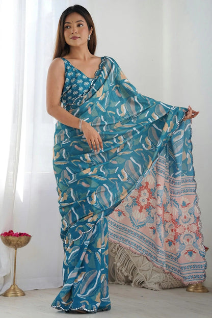 Teal Colour Chinon Printed Saree SD1112076