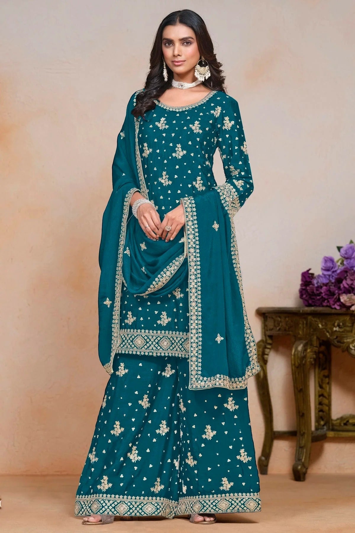 Teal Colour Chinon Semi Stitched Palazzo Pant Suit SM1050631 A