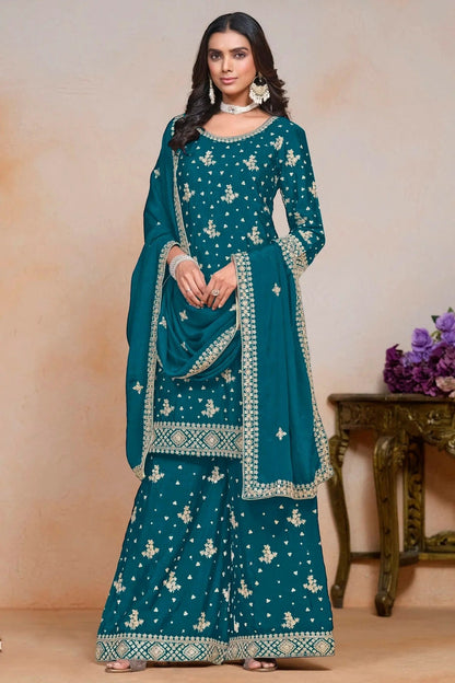 Teal Colour Chinon Semi Stitched Palazzo Pant Suit SM1050631 A