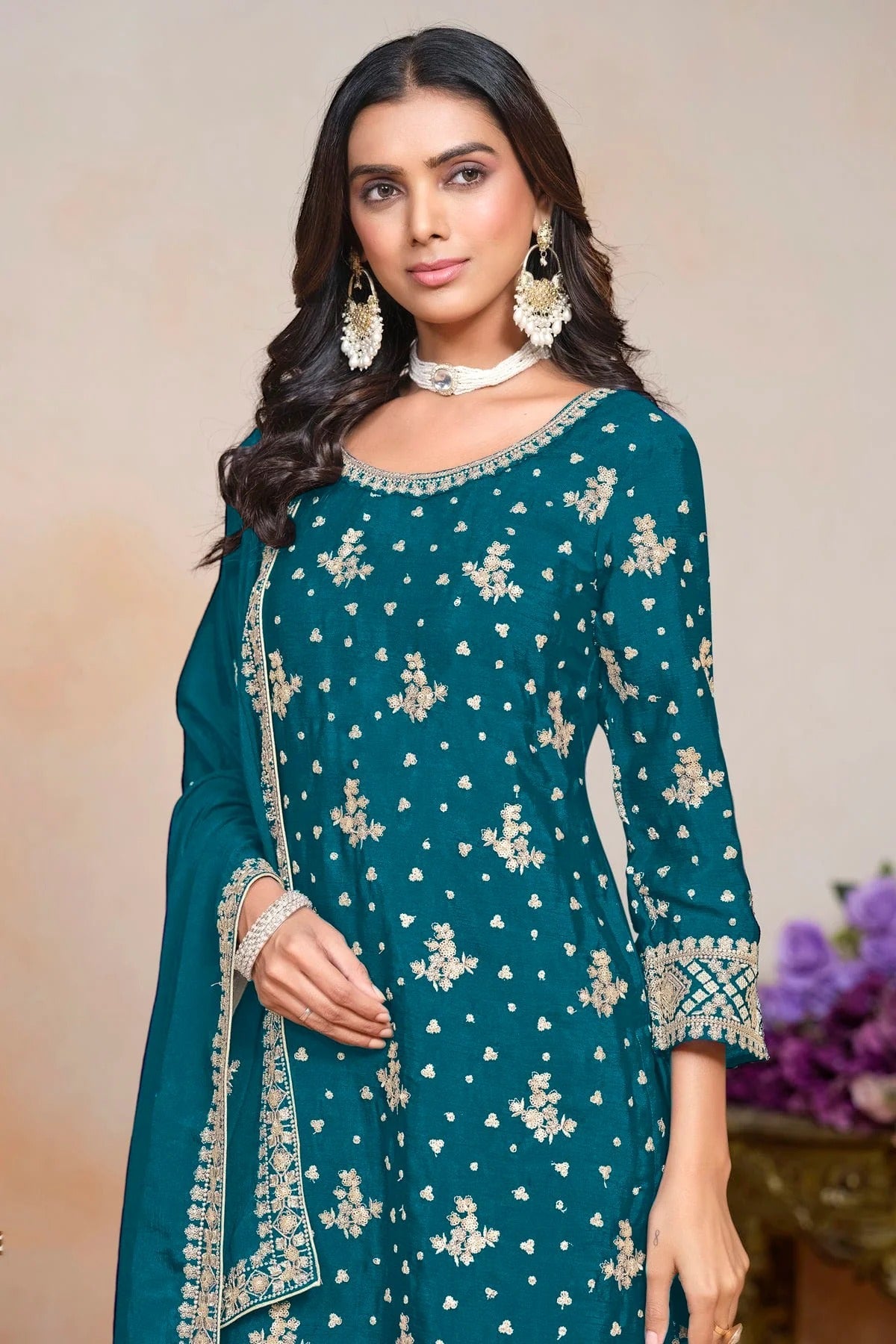 Teal Colour Chinon Semi Stitched Palazzo Pant Suit SM1050631 B