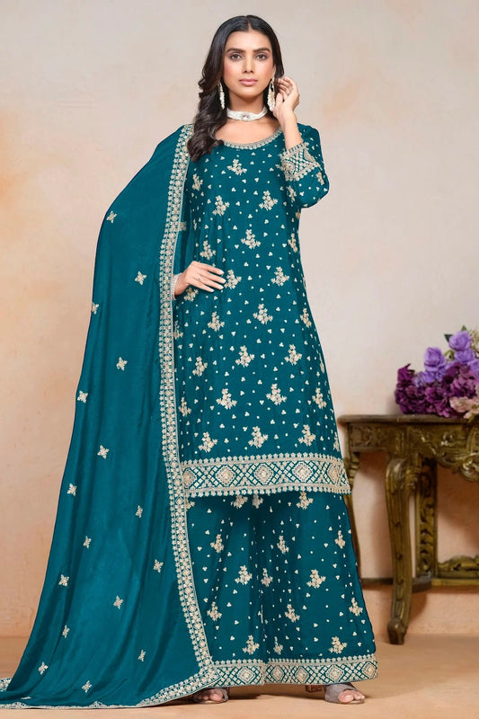 Teal Colour Chinon Semi Stitched Palazzo Pant Suit SM1050631
