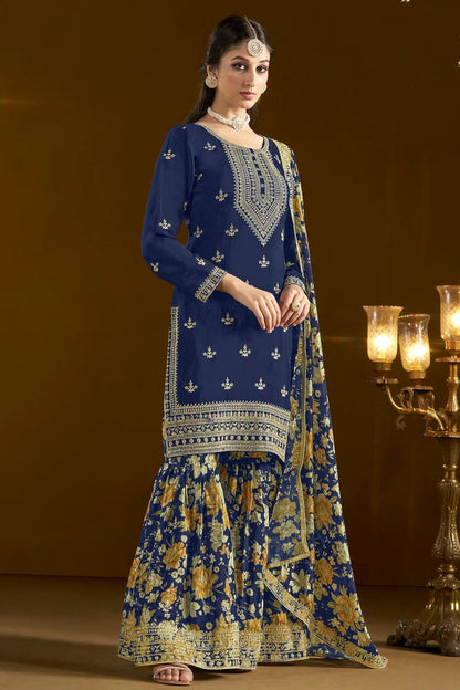 Teal Colour Chinon Semi Stitched Sharara Suit SM1050655 A