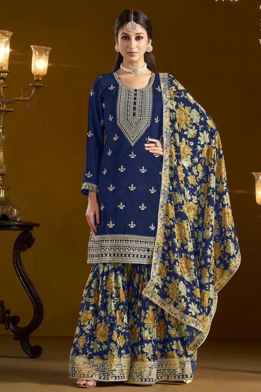 Teal Colour Chinon Semi Stitched Sharara Suit SM1050655