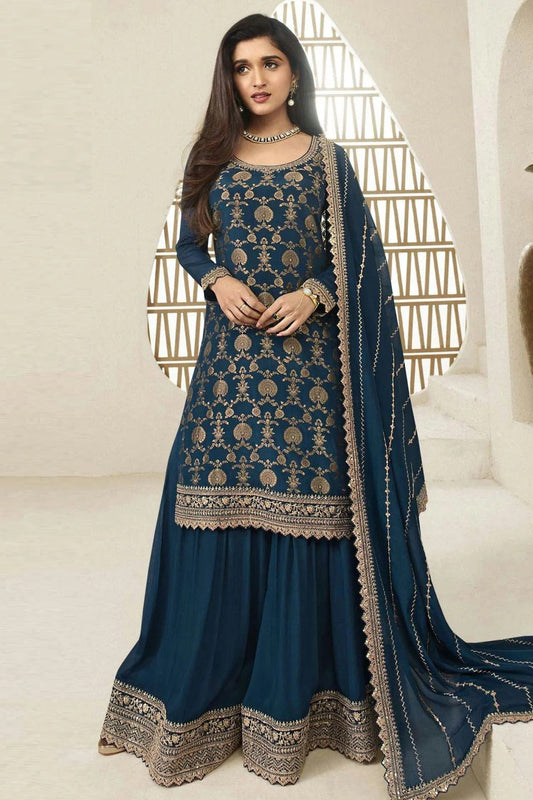 Teal Colour Chinon Sharara Suit SM1110700