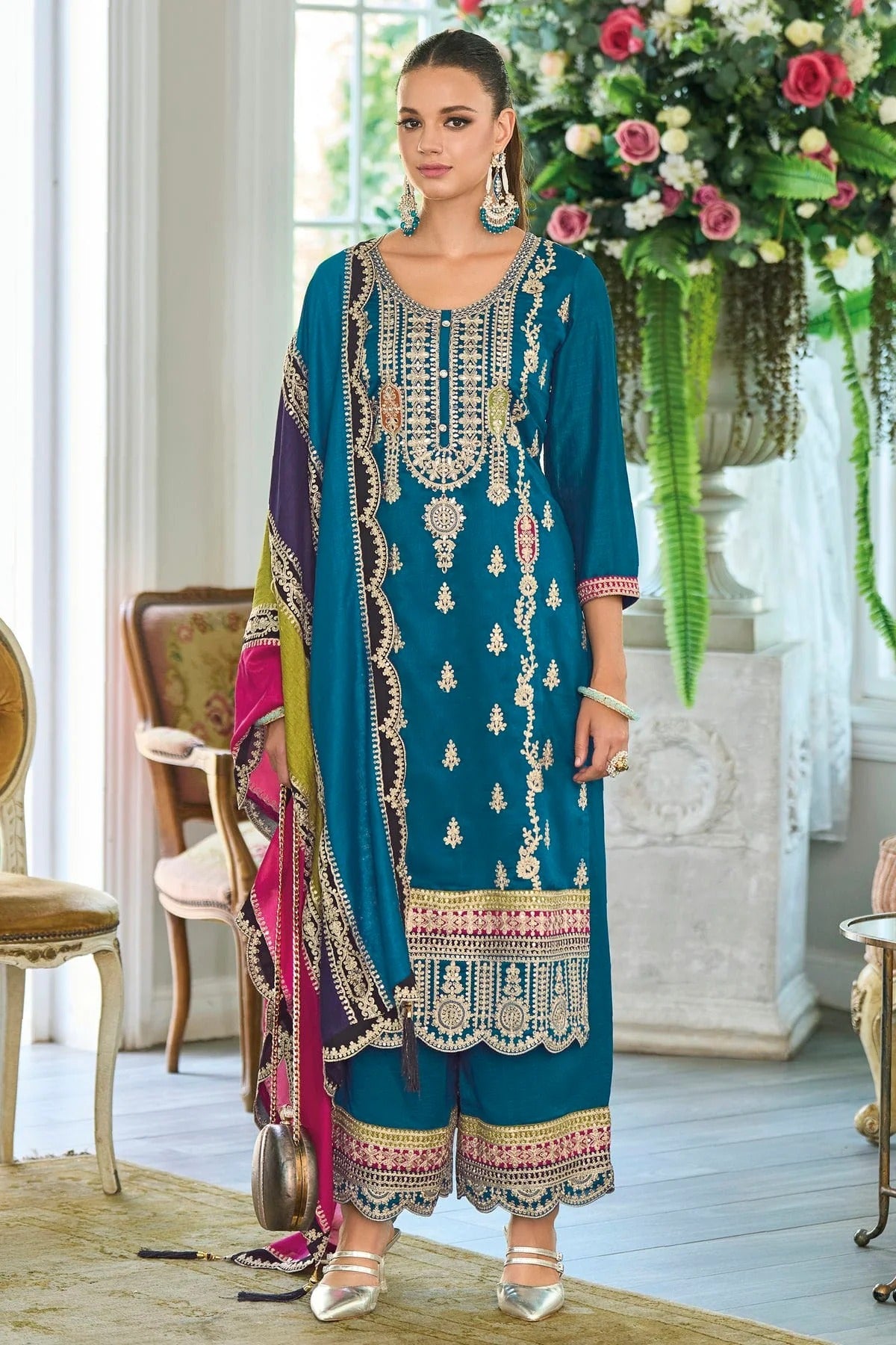 Teal Colour Chinon Silk Pakistani Suit SM1140593