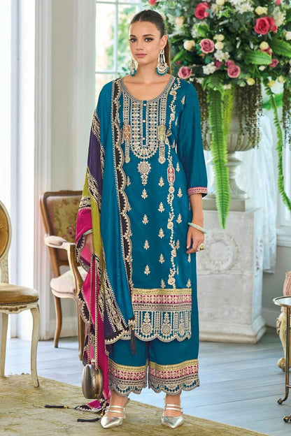 Teal Colour Chinon Silk Pakistani Suit SM1140593