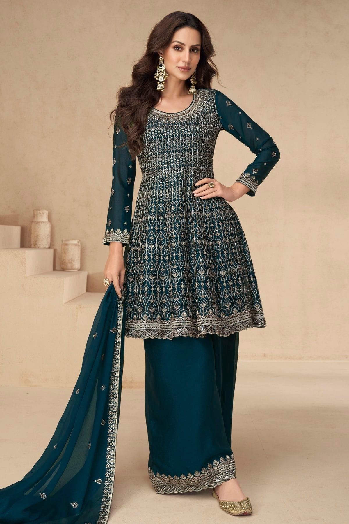 Teal Colour Chinon Silk Palazzo Pant Suit SM1140536