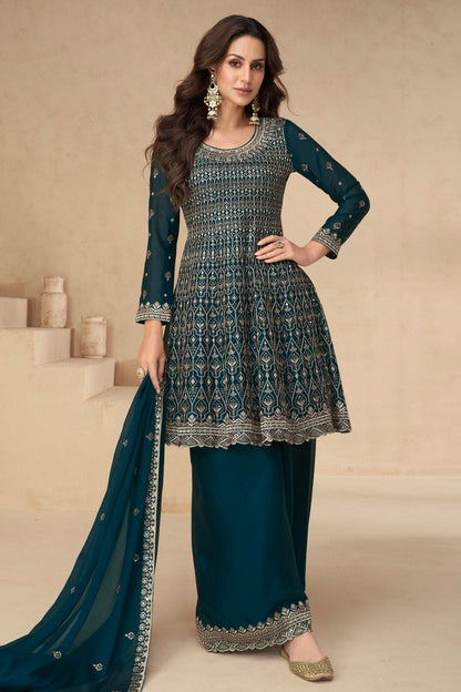 Teal Colour Chinon Silk Palazzo Pant Suit SM1140536