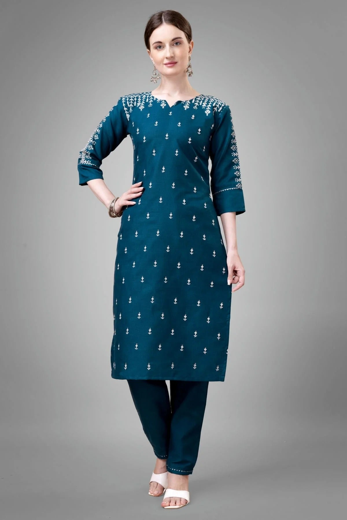 Teal Colour Cotton Blend Kurta And Pant Set KR1111328
