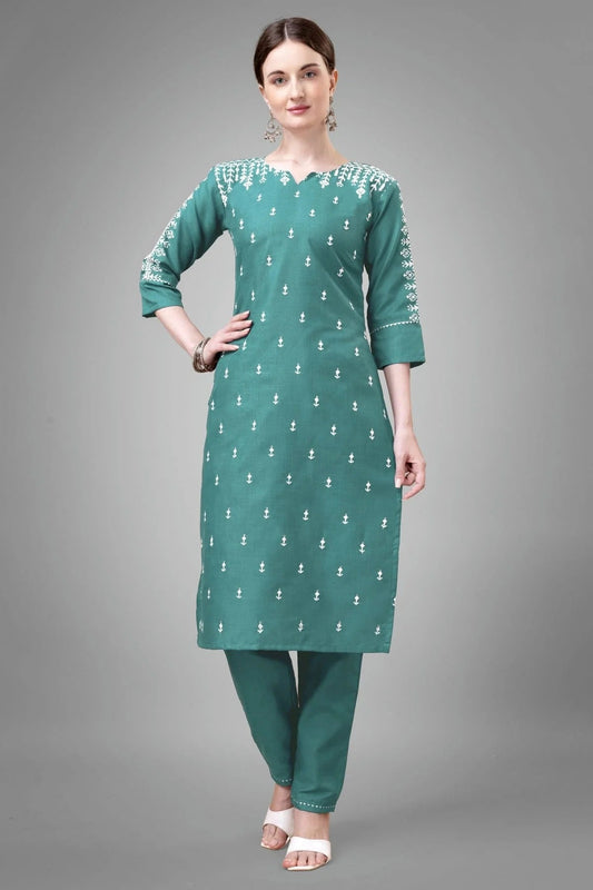 Teal Colour Cotton Blend Kurta And Pant Set KR1111332