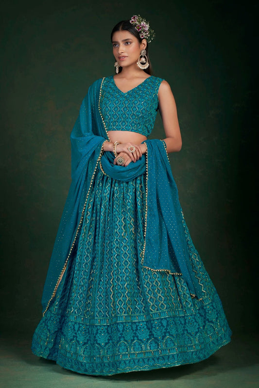 Teal Colour Embroidery Georgette Lehenga Choli LD1080793