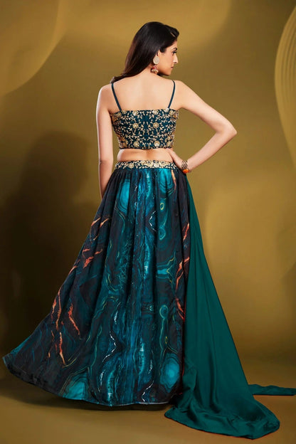 Teal Colour Embroidery Organza Lehenga Choli LD1080677 A