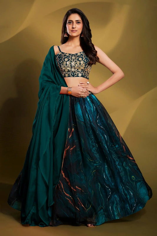 Teal Colour Embroidery Organza Lehenga Choli LD1080677